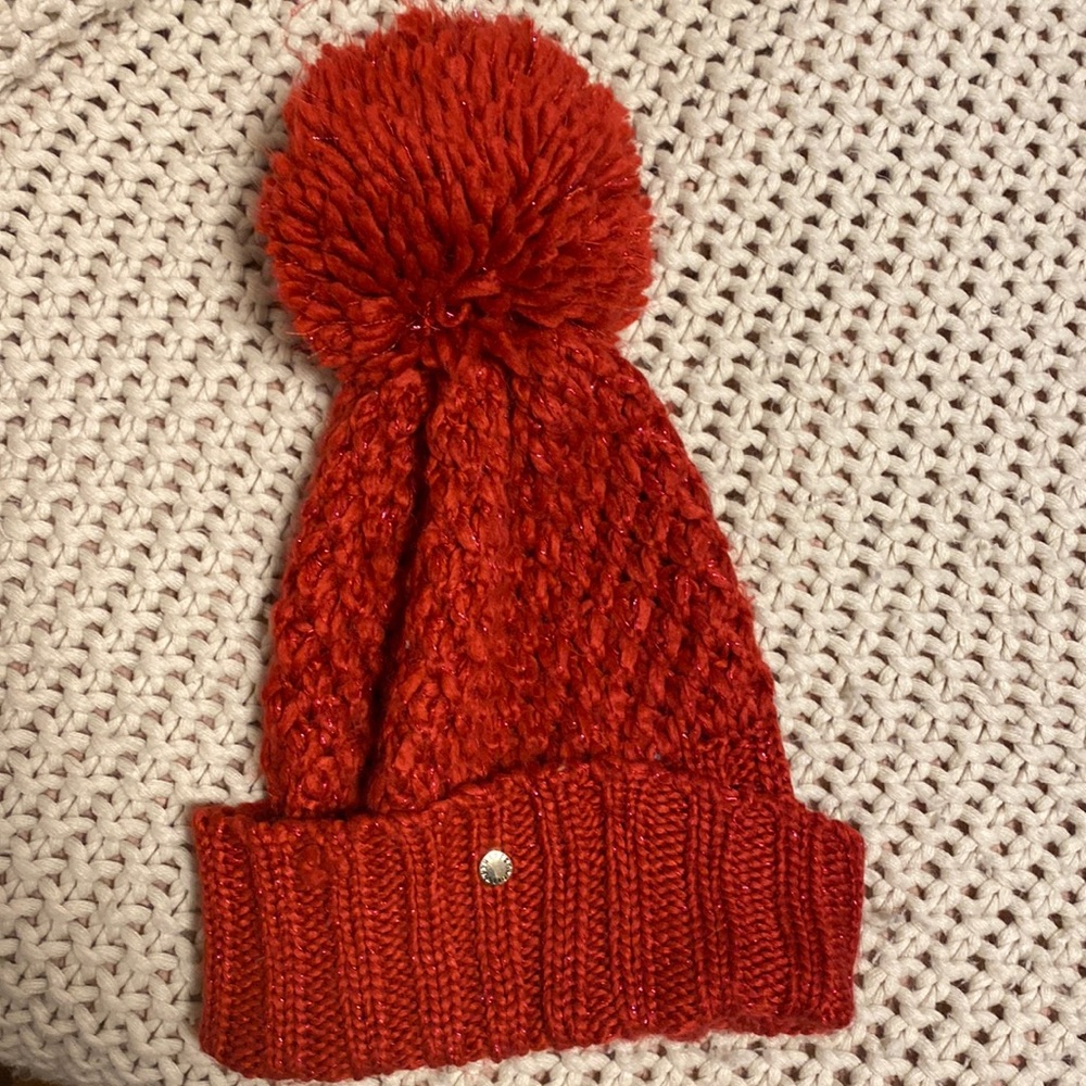 Red BCBGeneration Pom Pom winter hat